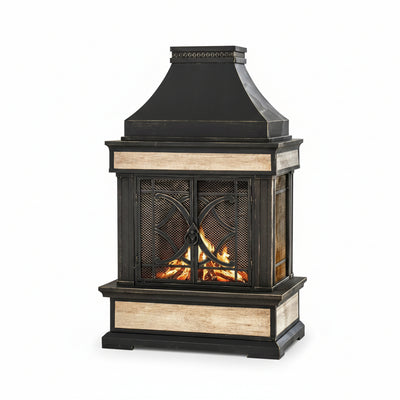 Outdoor Fireplace, Stone Look Tile Patio Wood Burning Steel Fireplace with Chimney, Spark Screen, Fire Poker, Rain Cover, and Removable Grate, Black with Golden Highlight