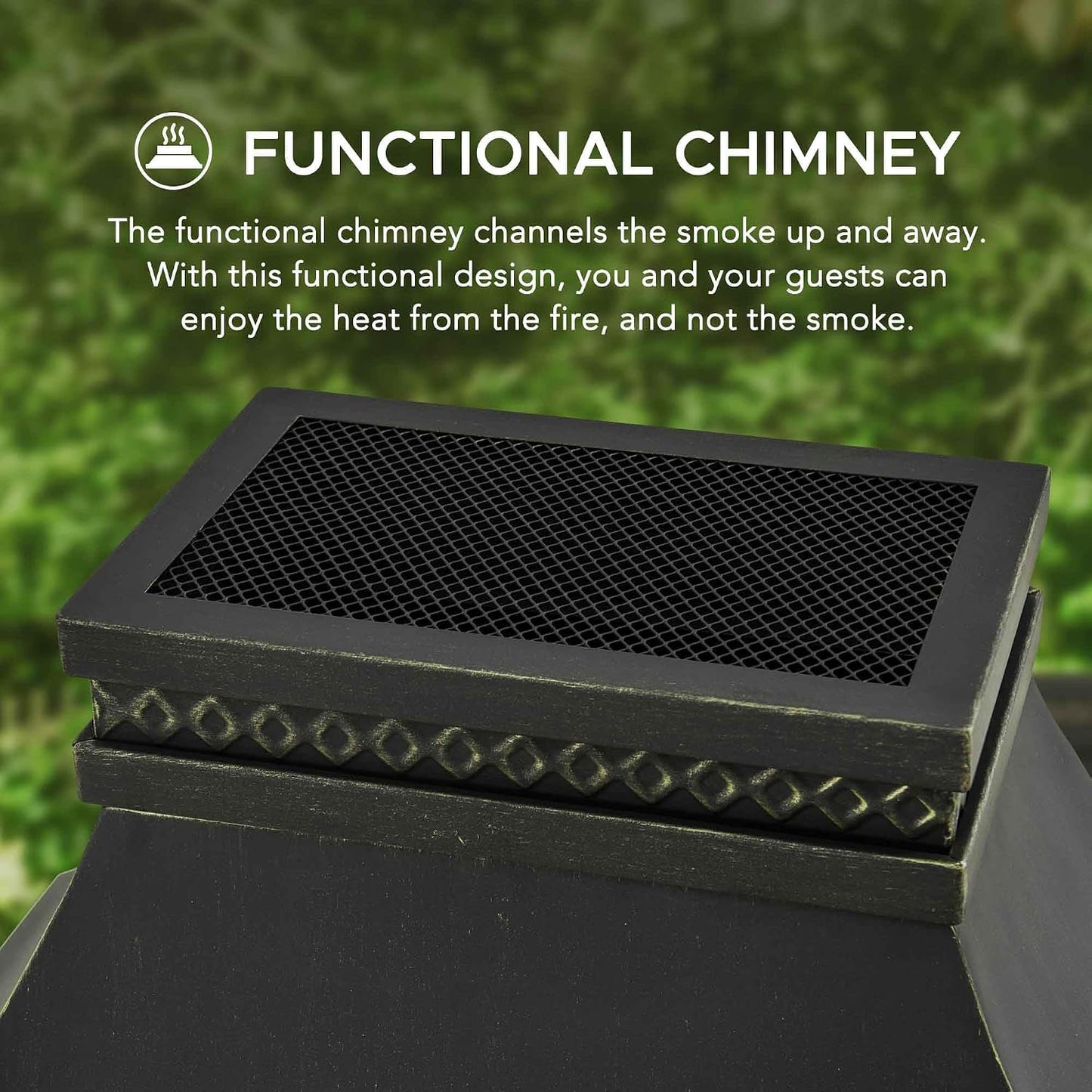 Outdoor Fireplace, Stone Look Tile Patio Wood Burning Steel Fireplace with Chimney, Spark Screen, Fire Poker, Rain Cover, and Removable Grate, Black with Golden Highlight