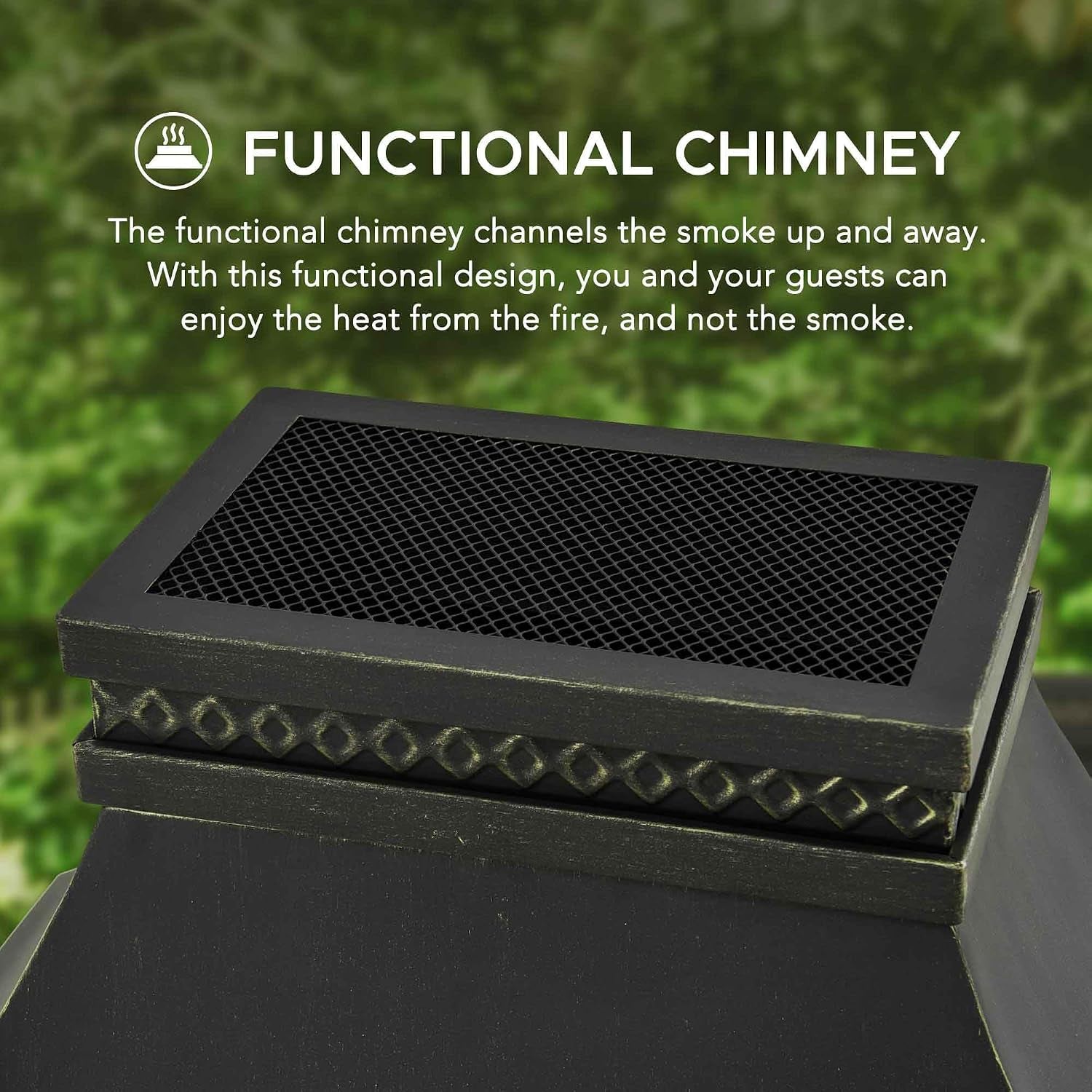 Outdoor Fireplace, Stone Look Tile Patio Wood Burning Steel Fireplace with Chimney, Spark Screen, Fire Poker, Rain Cover, and Removable Grate, Black with Golden Highlight