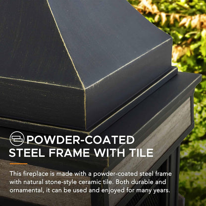 Outdoor Fireplace, Stone Look Tile Patio Wood Burning Steel Fireplace with Chimney, Spark Screen, Fire Poker, Rain Cover, and Removable Grate, Black with Golden Highlight