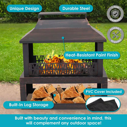 Backyard Blaze Steel Outdoor Fireplace Fire Pit with Built-In Log Storage