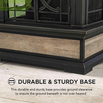Outdoor Fireplace, Stone Look Tile Patio Wood Burning Steel Fireplace with Chimney, Spark Screen, Fire Poker, Rain Cover, and Removable Grate, Black with Golden Highlight