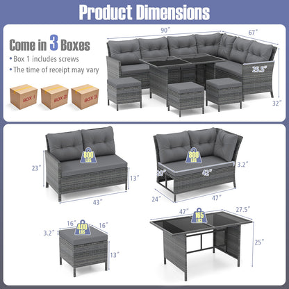7 Pieces Patio Dining Furniture Set with Soft Cushions and Ottomans