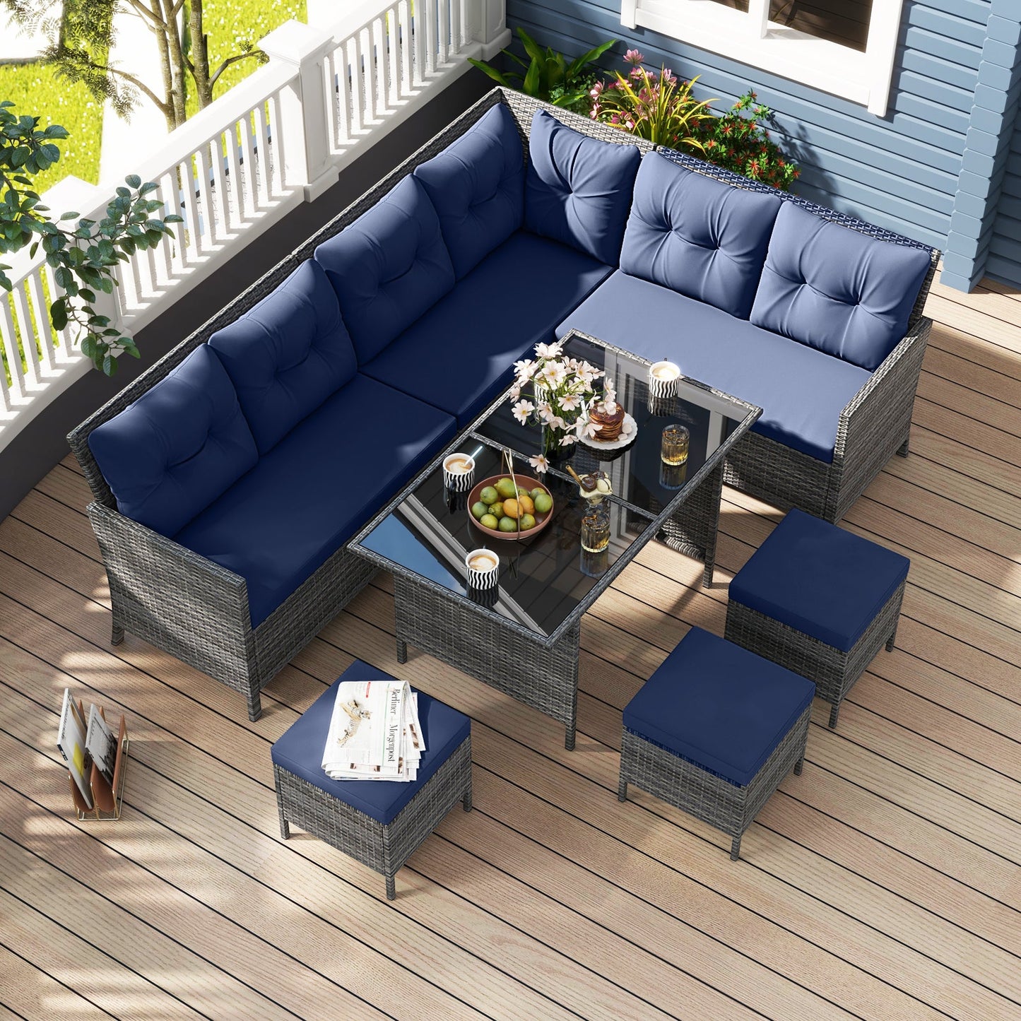 7 Pieces Patio Dining Furniture Set with Soft Cushions and Ottomans