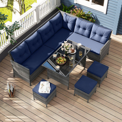7 Pieces Patio Dining Furniture Set with Soft Cushions and Ottomans