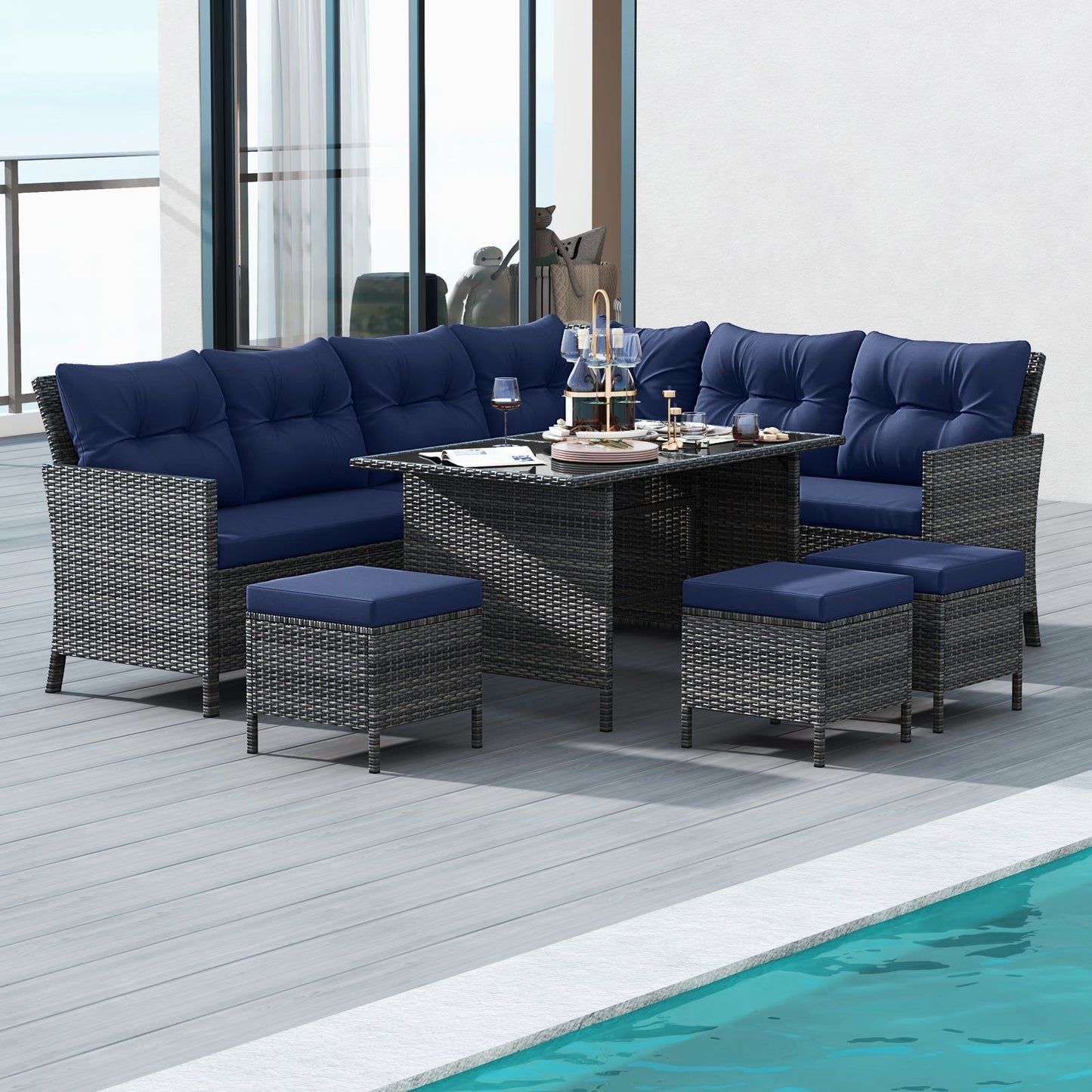 7 Pieces Patio Dining Furniture Set with Soft Cushions and Ottomans