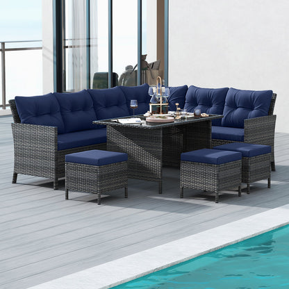 7 Pieces Patio Dining Furniture Set with Soft Cushions and Ottomans