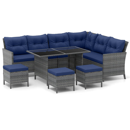 7 Pieces Patio Dining Furniture Set with Soft Cushions and Ottomans