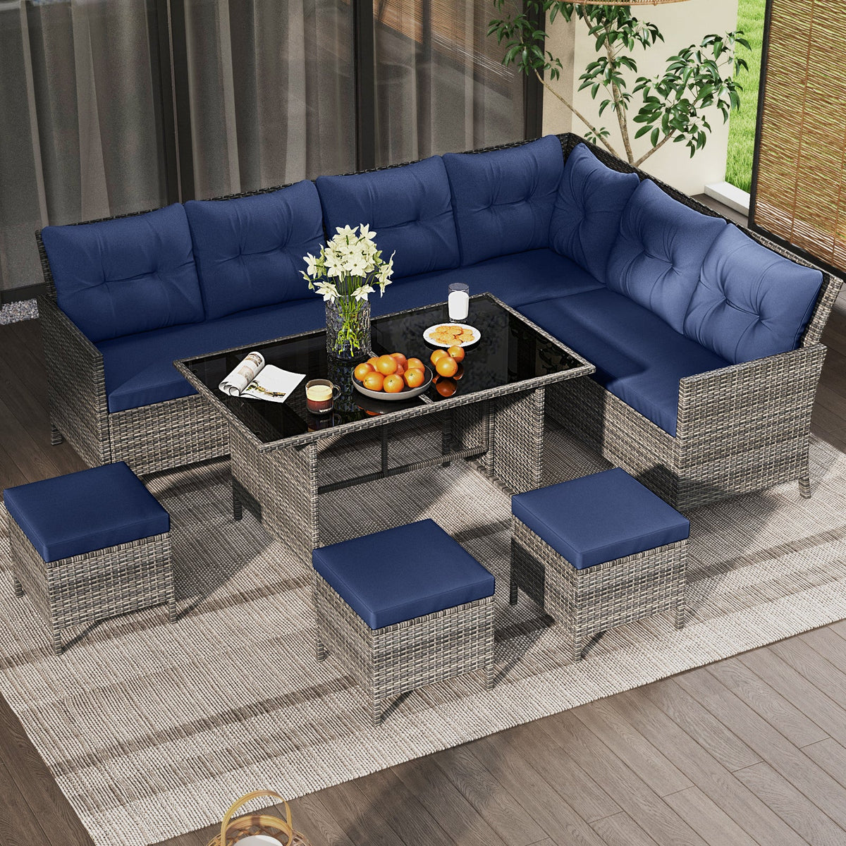 7 Pieces Patio Dining Furniture Set with Soft Cushions and Ottomans