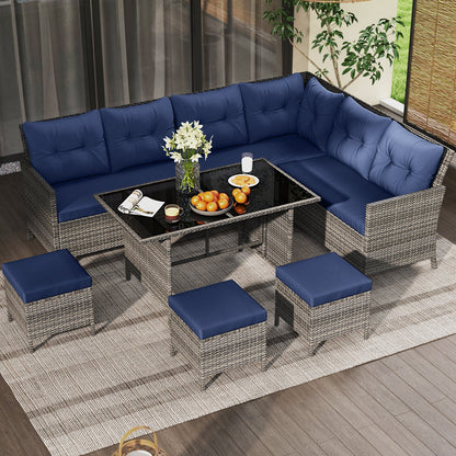 7 Pieces Patio Dining Furniture Set with Soft Cushions and Ottomans