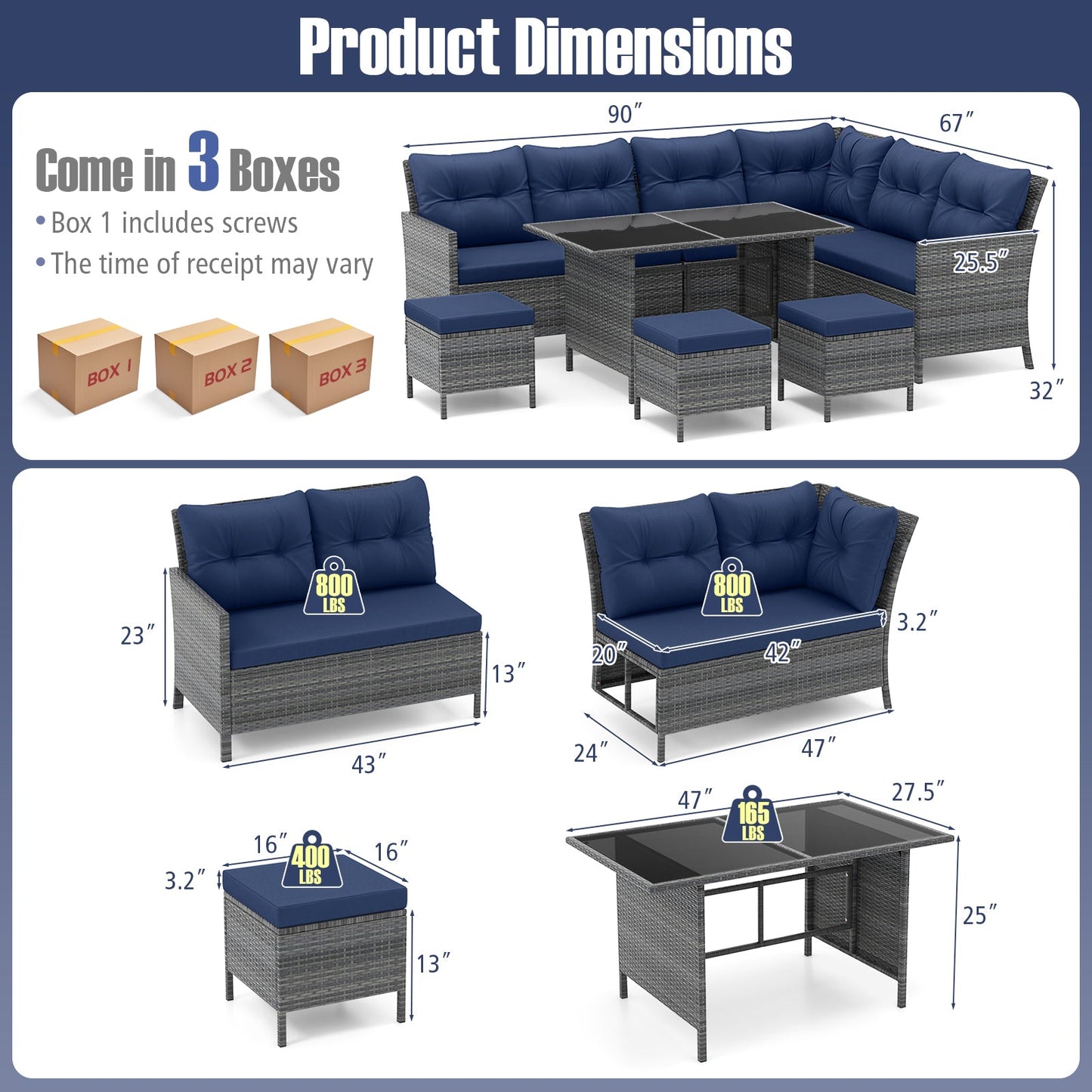 7 Pieces Patio Dining Furniture Set with Soft Cushions and Ottomans