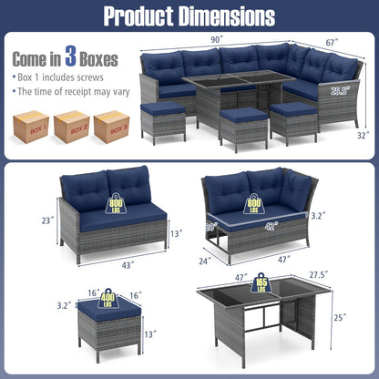 7 Pieces Patio Dining Furniture Set with Soft Cushions and Ottomans