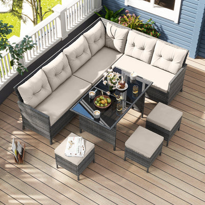 7 Pieces Patio Dining Furniture Set with Soft Cushions and Ottomans