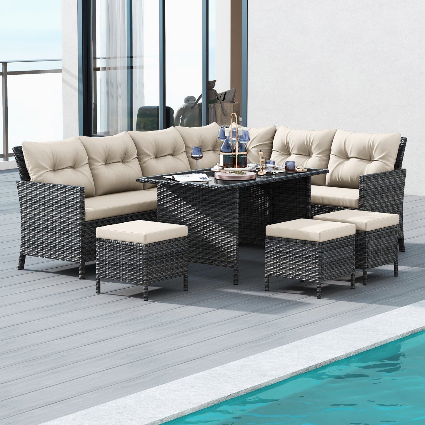 7 Pieces Patio Dining Furniture Set with Soft Cushions and Ottomans