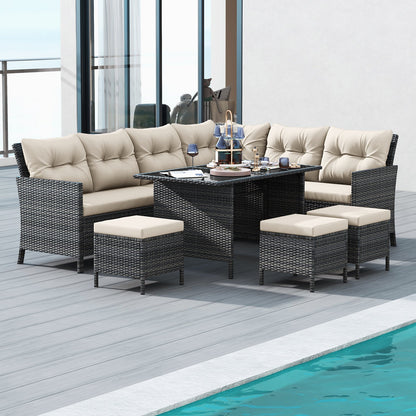 7 Pieces Patio Dining Furniture Set with Soft Cushions and Ottomans