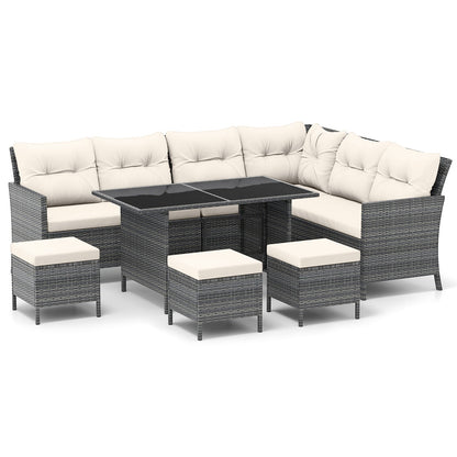 7 Pieces Patio Dining Furniture Set with Soft Cushions and Ottomans