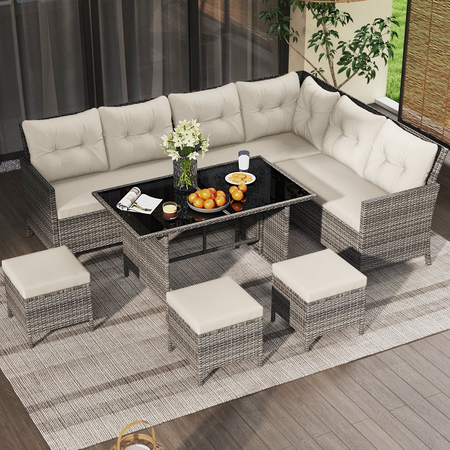 7 Pieces Patio Dining Furniture Set with Soft Cushions and Ottomans