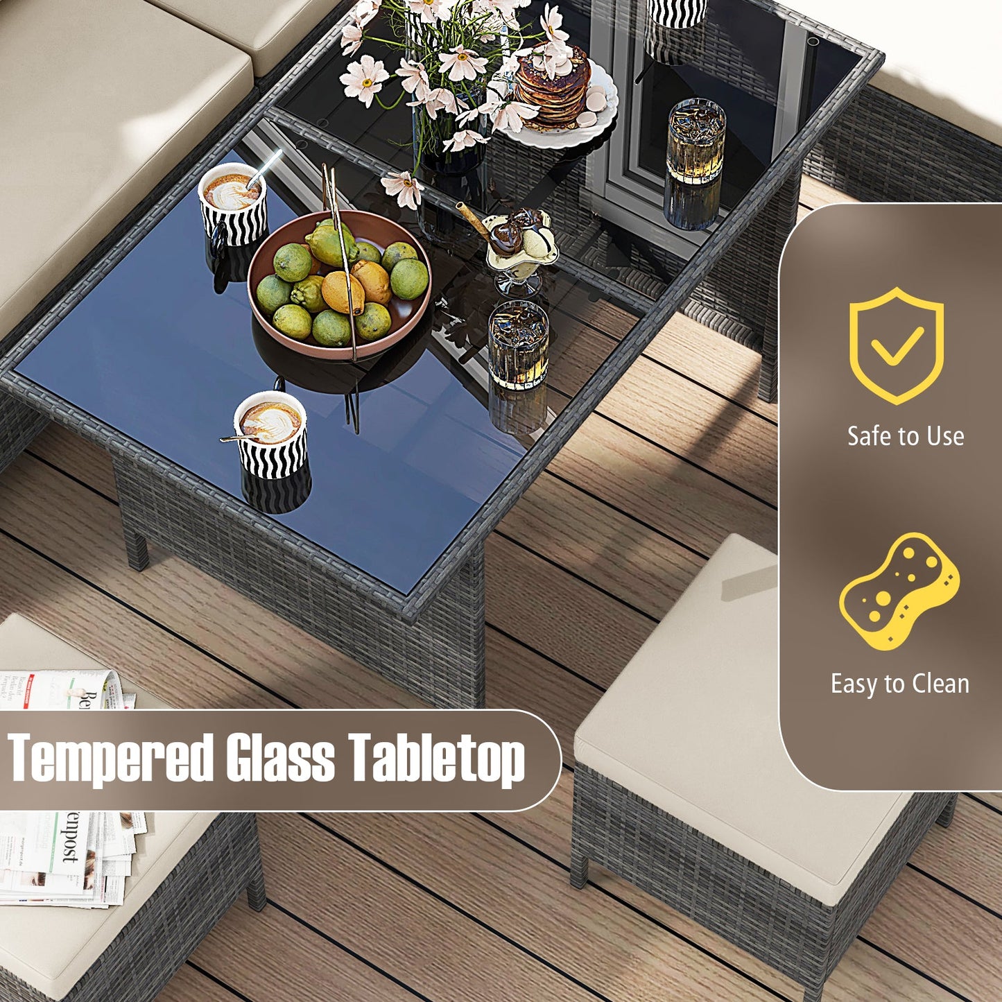 7 Pieces Patio Dining Furniture Set with Soft Cushions and Ottomans