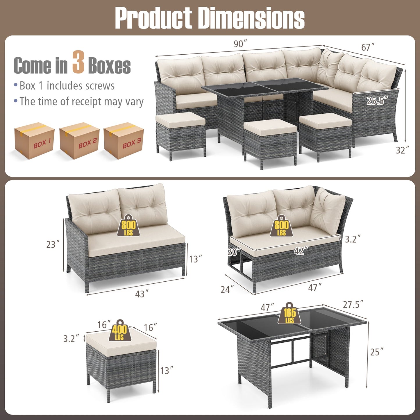 7 Pieces Patio Dining Furniture Set with Soft Cushions and Ottomans