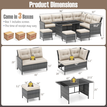 7 Pieces Patio Dining Furniture Set with Soft Cushions and Ottomans