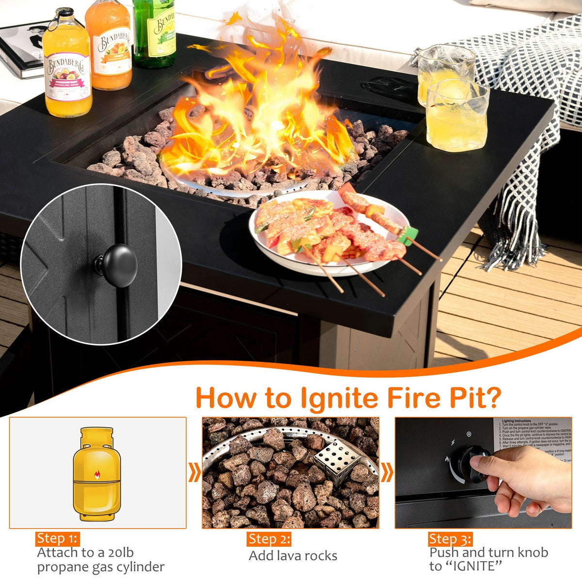 7 Pieces Patio Furniture Set with 28 Inches 50000 BTU Propane Gas Fire Pit Table