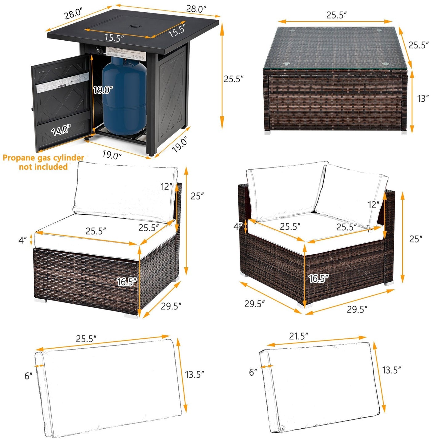 7 Pieces Patio Furniture Set with 28 Inches 50000 BTU Propane Gas Fire Pit Table