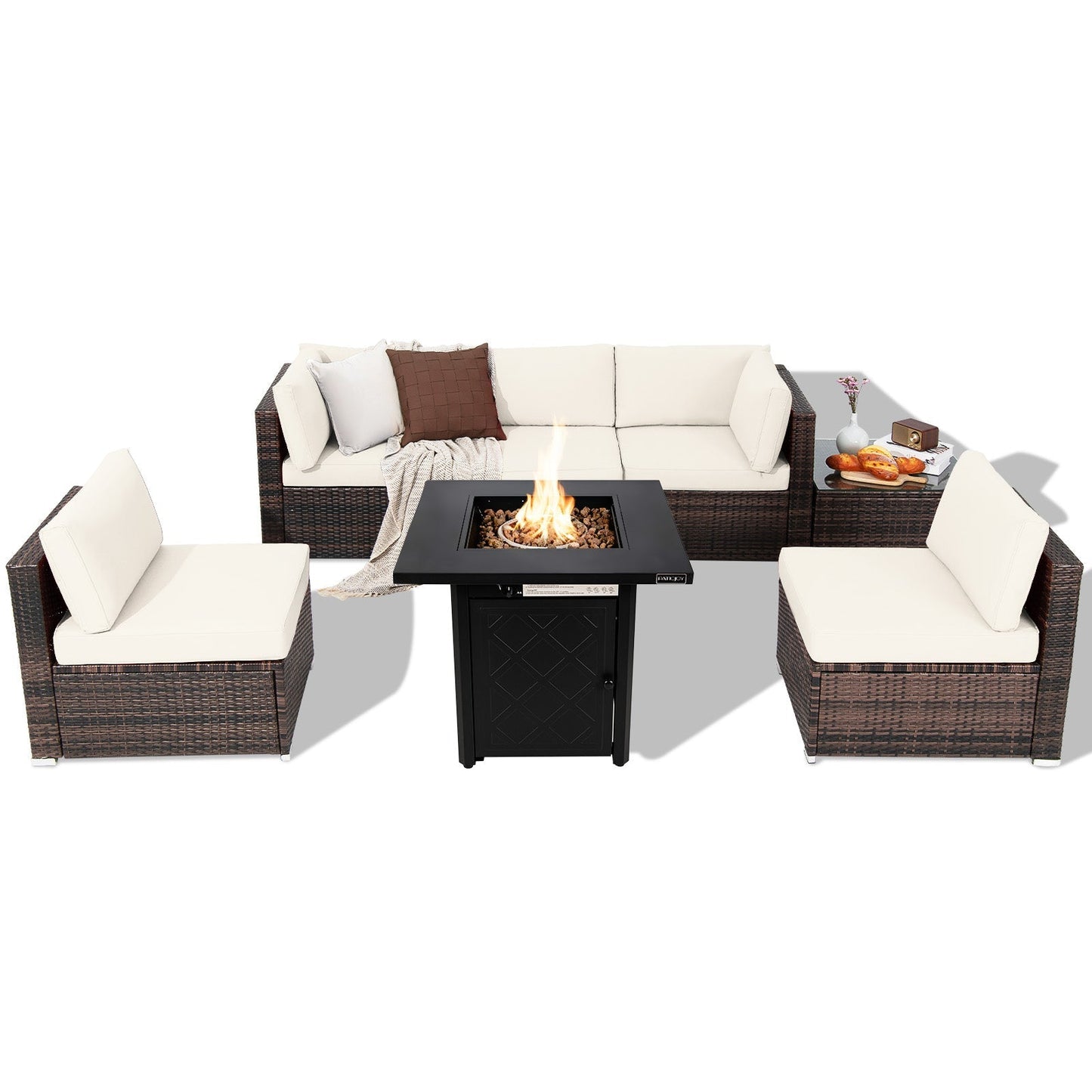 7 Pieces Patio Furniture Set with 28 Inches 50000 BTU Propane Gas Fire Pit Table