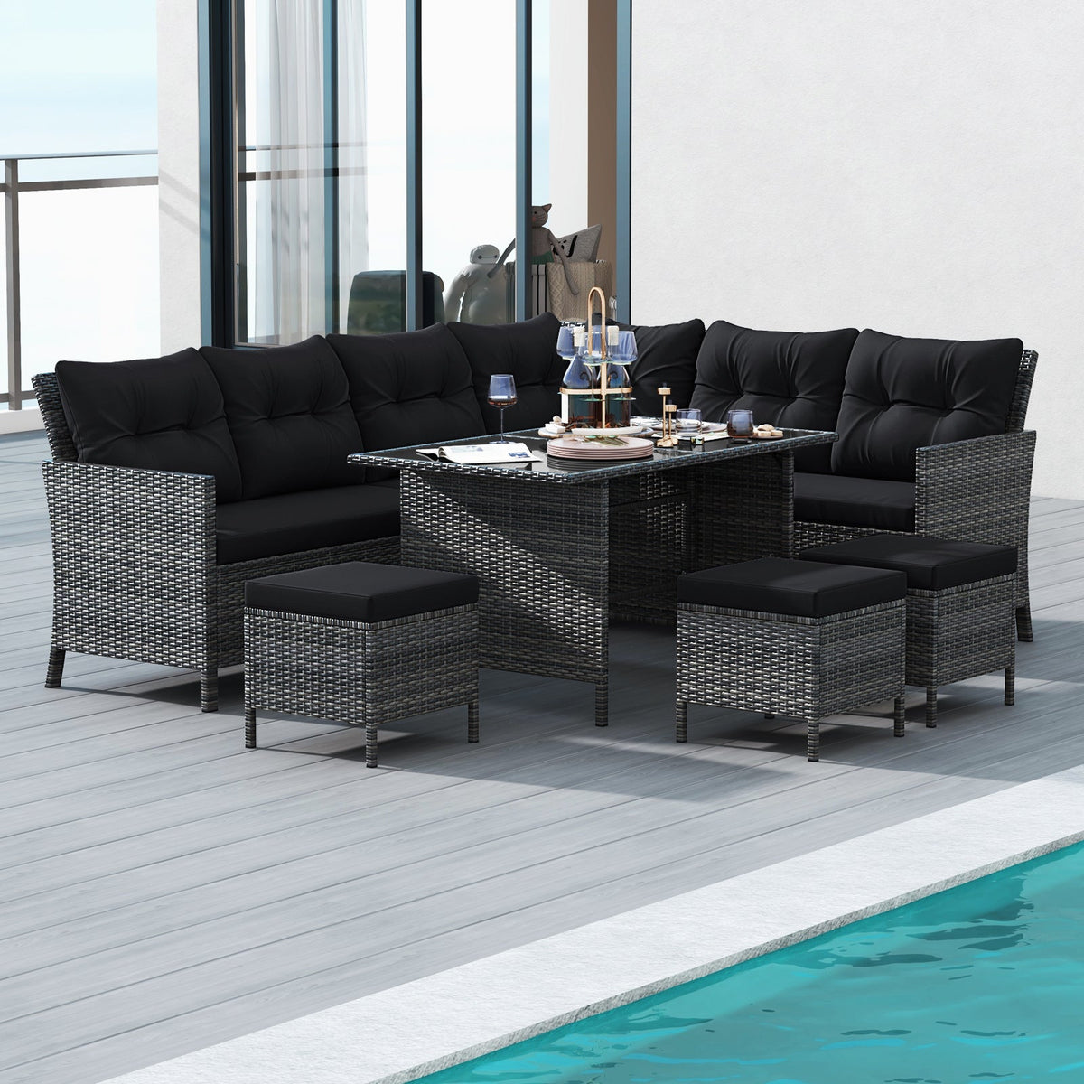 7 Pieces Patio Dining Furniture Set with Soft Cushions and Ottomans