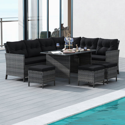 7 Pieces Patio Dining Furniture Set with Soft Cushions and Ottomans