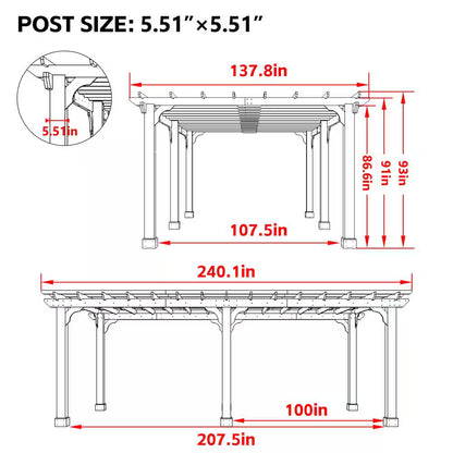 20 Ft. W X 12 Ft. D Cedar Wood Patio Pergola Shade Structure for Outdoor, Brown