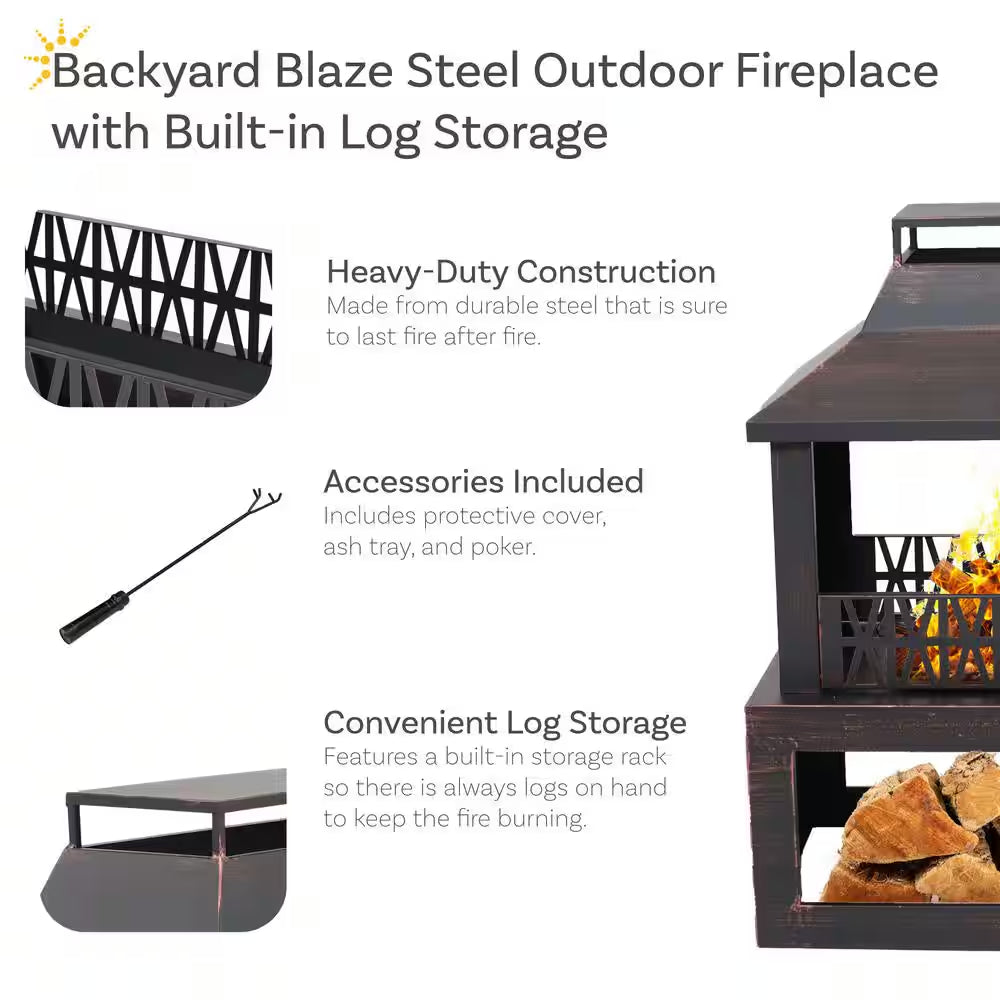 Backyard Blaze Steel Outdoor Fireplace Fire Pit with Built-In Log Storage