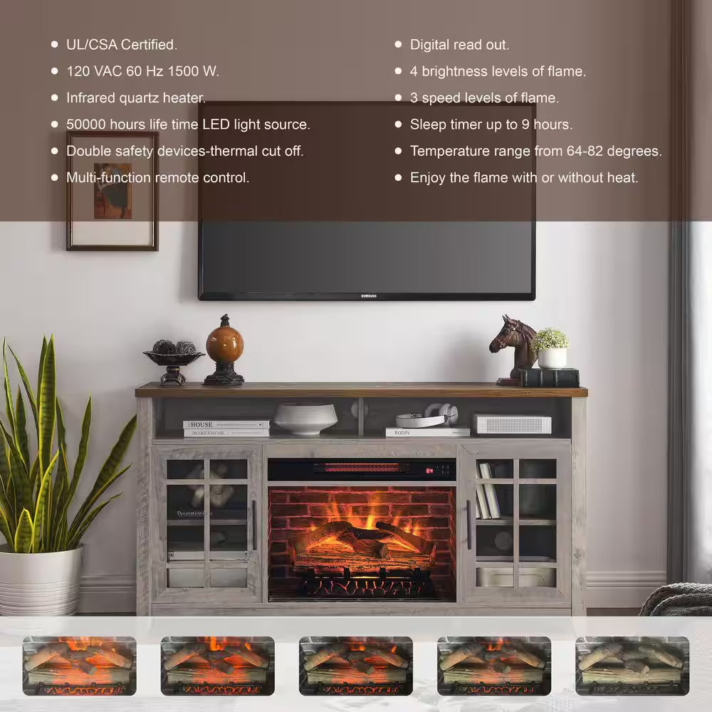 55 In. Freestanding Electric Fireplace TV Stand with Electric Fireplace Insert in Gray Wash