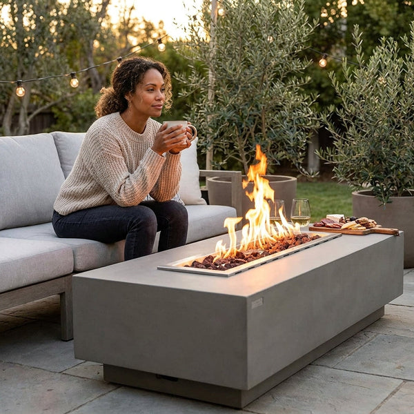 Natural Gas Fire Table Built for Outdoor Entertaining, 60" Cast Concrete, 45,000 BTU, Electric Ignition