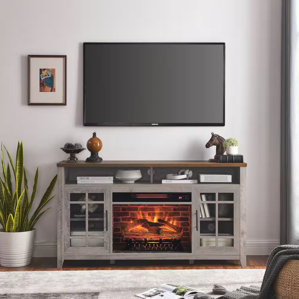 55 In. Freestanding Electric Fireplace TV Stand with Electric Fireplace Insert in Gray Wash