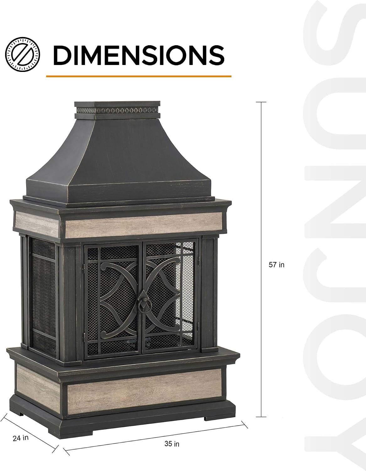 Outdoor Fireplace, Stone Look Tile Patio Wood Burning Steel Fireplace with Chimney, Spark Screen, Fire Poker, Rain Cover, and Removable Grate, Black with Golden Highlight