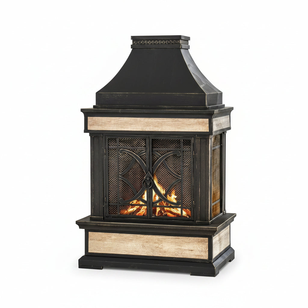 Outdoor Fireplace, Stone Look Tile Patio Wood Burning Steel Fireplace with Chimney, Spark Screen, Fire Poker, Rain Cover, and Removable Grate, Black with Golden Highlight