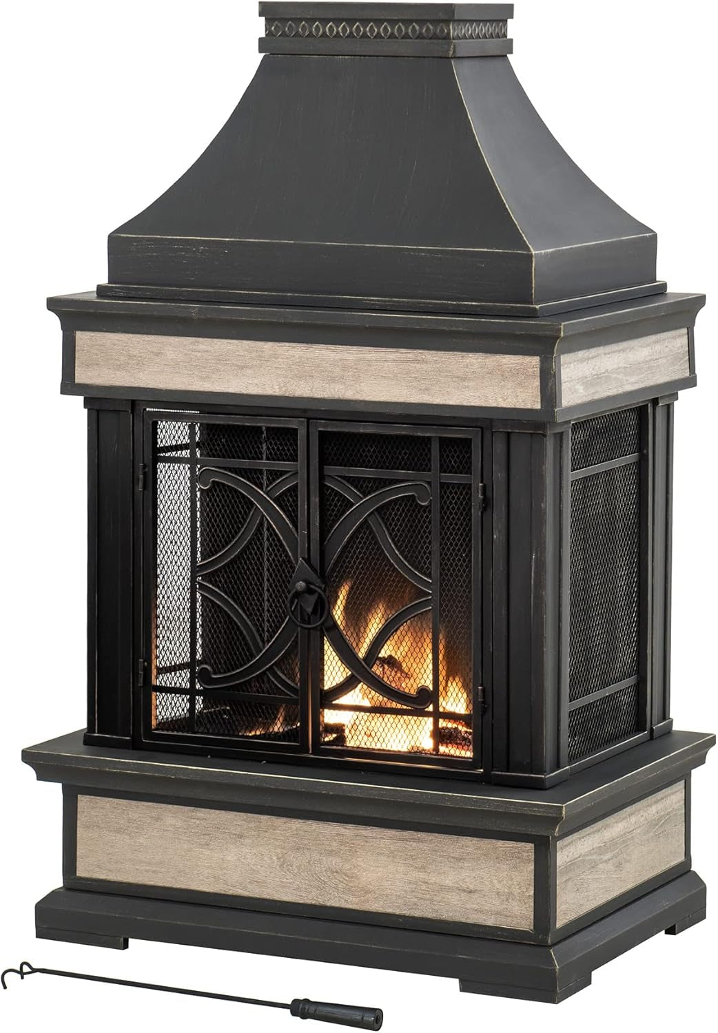 Outdoor Fireplace, Stone Look Tile Patio Wood Burning Steel Fireplace with Chimney, Spark Screen, Fire Poker, Rain Cover, and Removable Grate, Black with Golden Highlight