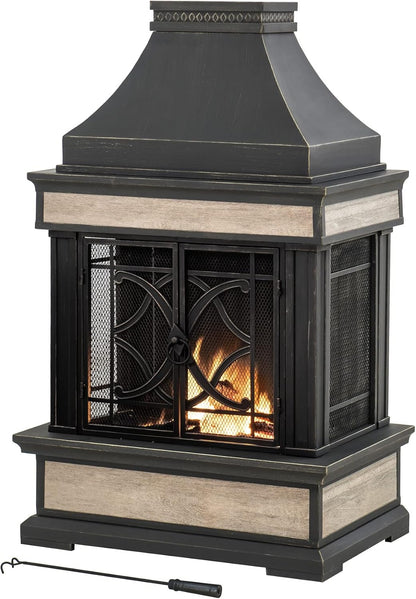Outdoor Fireplace, Stone Look Tile Patio Wood Burning Steel Fireplace with Chimney, Spark Screen, Fire Poker, Rain Cover, and Removable Grate, Black with Golden Highlight