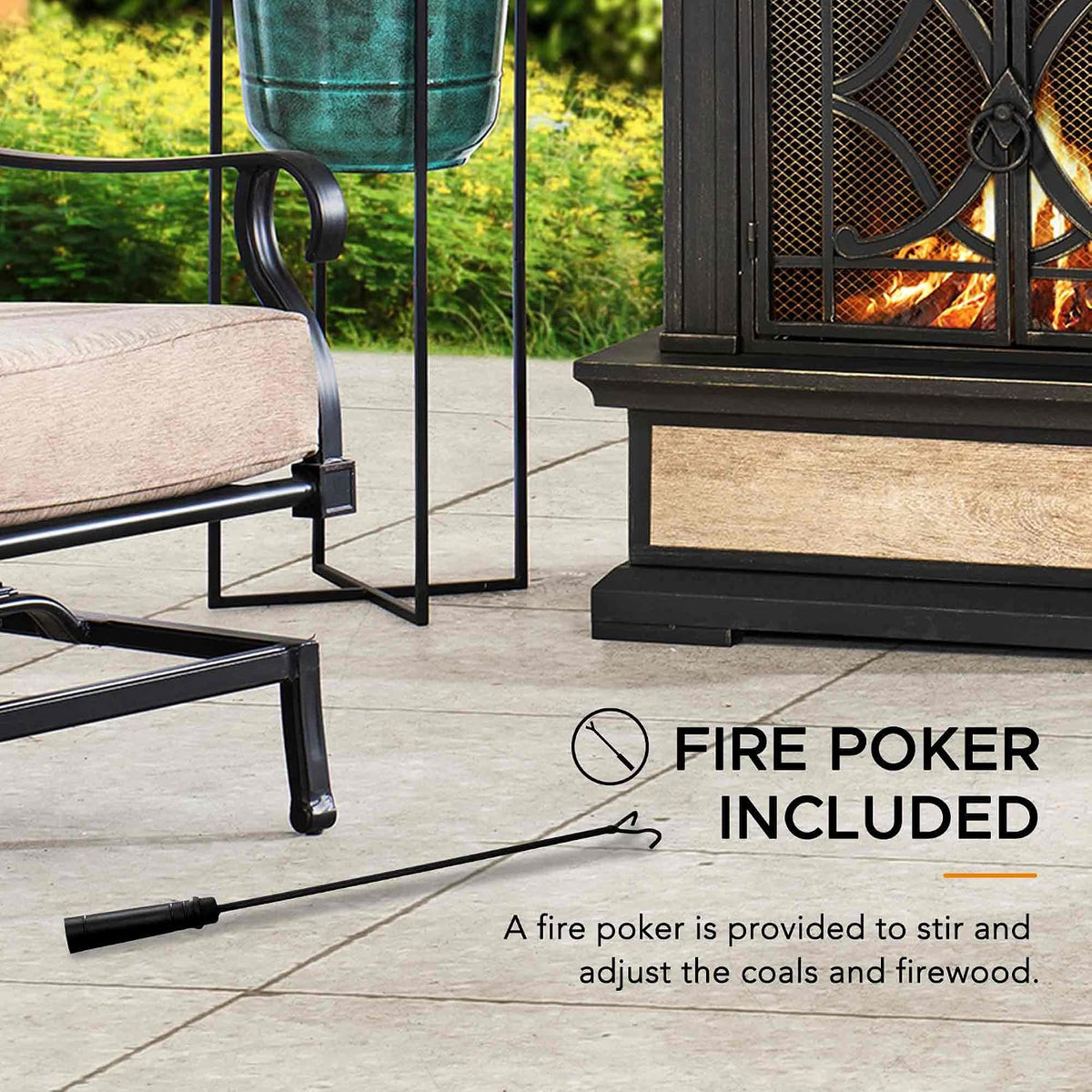 Outdoor Fireplace, Stone Look Tile Patio Wood Burning Steel Fireplace with Chimney, Spark Screen, Fire Poker, Rain Cover, and Removable Grate, Black with Golden Highlight