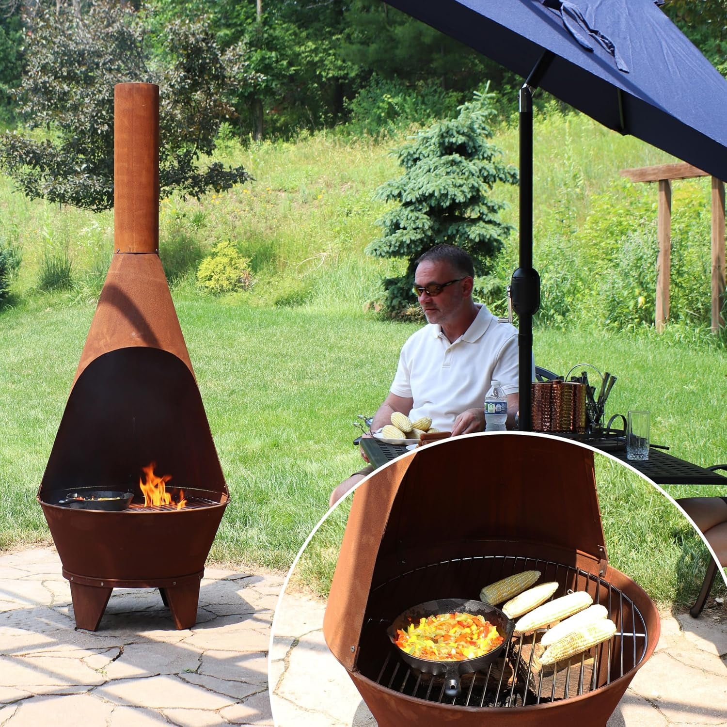 Sunnydaze Large Chiminea Outdoor Fireplace with Grill Grate, Rustic, 75" | Easy Assembly, Durable Steel Metal Chiminea Fire Pit, Wood Burning, outside Chimney Firepit for Patio, Deck, or Backyard