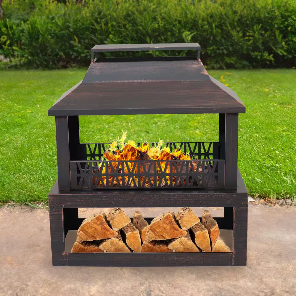 Backyard Blaze Steel Outdoor Fireplace Fire Pit with Built-In Log Storage