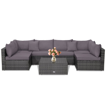 7 Pieces Patio Rattan Furniture Set Sectional Sofa Garden Cushion