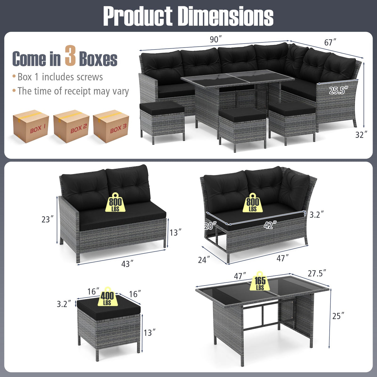 7 Pieces Patio Dining Furniture Set with Soft Cushions and Ottomans