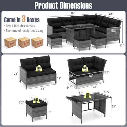 7 Pieces Patio Dining Furniture Set with Soft Cushions and Ottomans